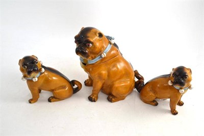 Lot 28 - Pair of late 19th/early 20th century Germand pug dogs and a larger example (a.f.)