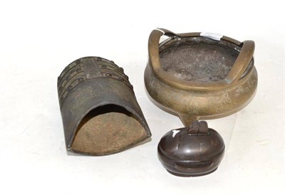 Lot 32 - Chinese two handled bowl on tripod feet, bell and Japanese hinged bronze pot