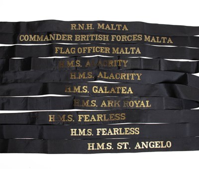 Lot 265 - Ten Royal Navy Cap Tallies, untrimmed,...