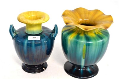 Lot 38 - Linthorpe pottery twin handled vase, turquoise and yellow glaze, impressed Linthorpe 1334, 20cm and