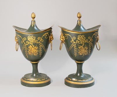 Lot 24 - A Pair of Toleware Chestnut Urns, in Regency...