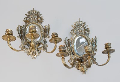 Lot 46 - A Pair of Brass Girandole Mirrors, cast with...