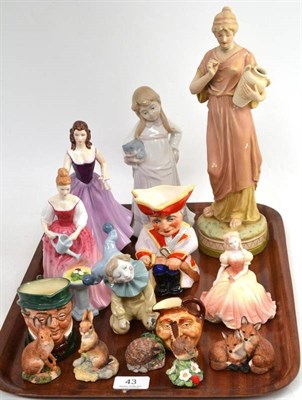 Lot 43 - Royal Dux figure (restored head), Royal Doulton character jugs, Border Fine Arts etc (on a tray)