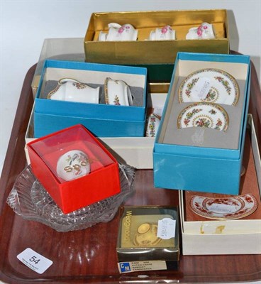 Lot 54 - Nine boxed sets of Coalport and Wedgwood miniature tea wares and two glass dishes (on one tray)