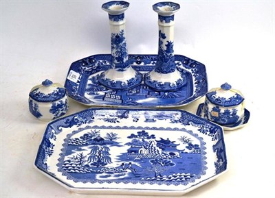 Lot 55 - Six piece Masons blue and white dressing table set and a tureen stand