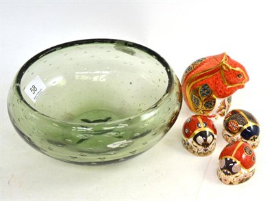 Lot 58 - A Whitefriars green bubble glass bowl and four Royal Crown Derby paperweights - a squirrel and...