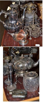 Lot 64 - Two trays of silver plated ware including a Victorian tea kettle and stand, pair of...