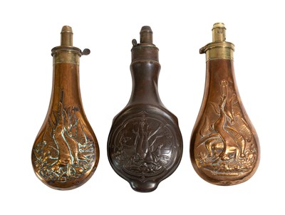 Lot 414 - Three 19th Century Copper Powder Flasks, one...