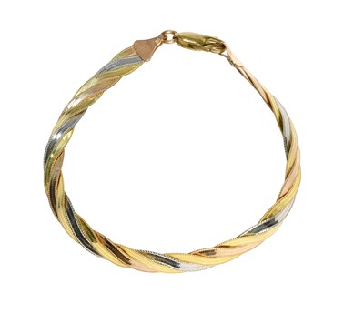 Lot 503 - A 9 Carat Tri-Colour Gold Bracelet, of woven...