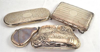 Lot 76 - A silver purse, a silver aide memoire, a silver glasses case and a silver monocle case