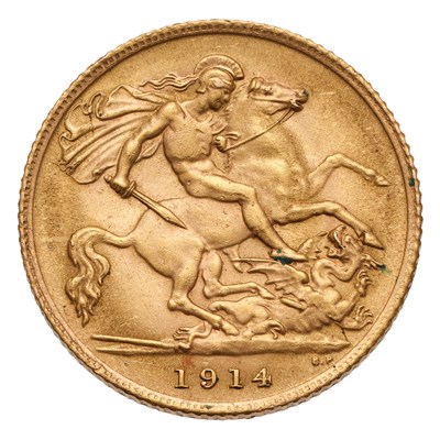 Lot 185 - George V, Half Sovereign 1914; near extremely...