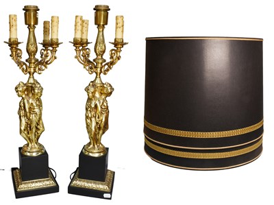 Lot 1366 - Pair of Brass and Marble Lamps with Caryatid...