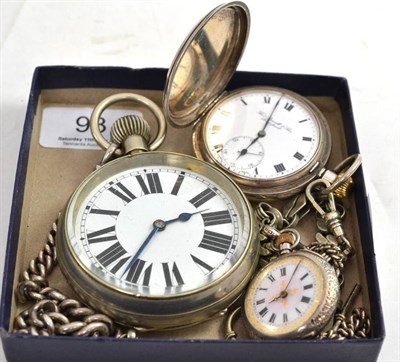 Lot 93 - A nickel plated pocket watch, lady's fob watch and a full hunter pocket watch case stamped...