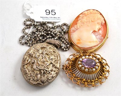 Lot 95 - A cameo brooch, carved with a maiden's head, stamped '9ct', an amethyst and cultured pearl...