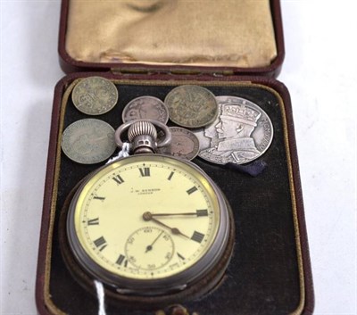 Lot 98 - A silver open faced pocket watch signed J W Benson, together with commemorative medalet, and...