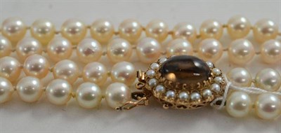 Lot 101 - A double strand of cultured pearls with 9ct gold amber clasp