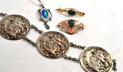 Lot 102 - Liberty silver and enamel pendant, two brooches and an Art Nouveau silver belt (a.f.) (3)