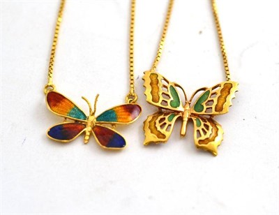 Lot 114 - Two butterfly pendants, stamped '750'