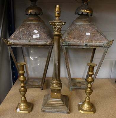 Lot 404 - A Pair of Brass Four-Glass Outdoor Lanterns,...