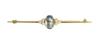 Lot 512 - An Aquamarine and Seed Pearl Brooch, the oval...