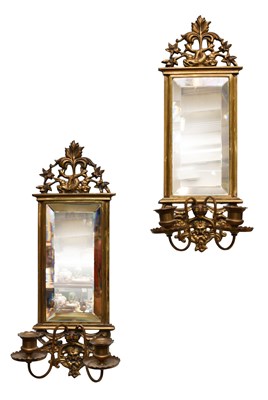 Lot 1334 - A Pair of Brass Girandole Mirrors, cast with...