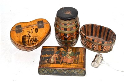 Lot 160 - Four Tunbridge Wells ware items and a miniature silver flour dredger