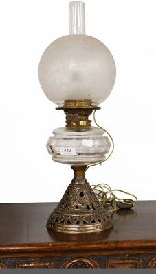 Lot 413 - Victorian Oil Lamp with etched glass shade...