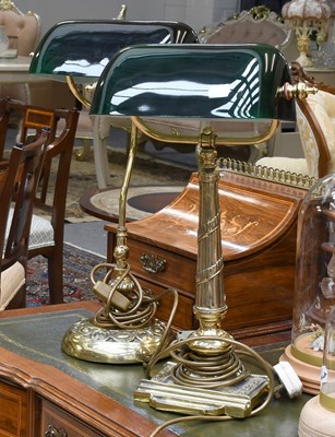 Lot 1364 - A Brass Bask Desk Lamp, with green glass...