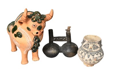 Lot 316 - A Peruvian Terracotta Figural Vessel, painted...