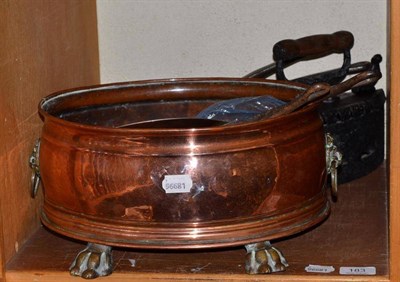 Lot 183 - A copper jardiniere; two brass saucepans and covers; a set of brass furniture and locks for...