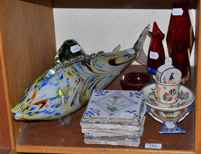 Lot 184 - Five antique and later tin-glazed tiles, collection of glass and Quimper wares