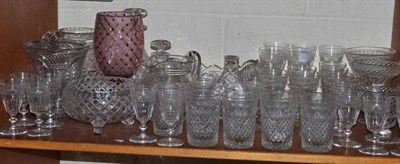 Lot 189 - A shelf of decorative glass including a Webb style vase cut with urns of topiary (a.f.), jug,...