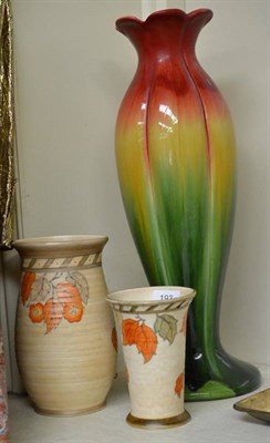 Lot 193 - Two Crown Ducal vases, one signed C Rhead, and a pottery vase (3)