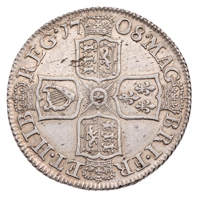 Lot 54 - Anne, Shilling 1708, third bust, plain below...