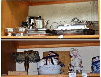 Lot 201 - A silver plated entree dish and cover, plated tea service, plated ware, decorative ceramics and...