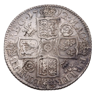 Lot 56 - Anne, Shilling 1712, fourth bust, roses and...