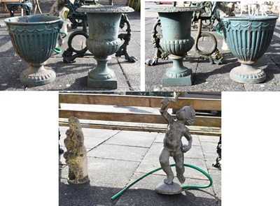 Lot 1215 - A Pair of Green Painted Metal Campana Urns,...