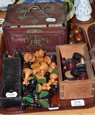 Lot 214 - A mahjong set, a set of miniature wooden carpet bowls, dominoes, chess set etc