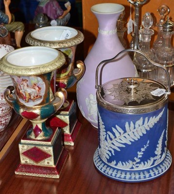 Lot 219 - Pair of Vienna vases and a Jasperware biscuit barrel and vase