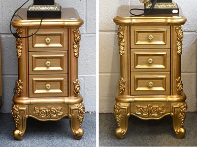 Lot 1417 - A Pair of Gilt Three High Bedside Chests,...