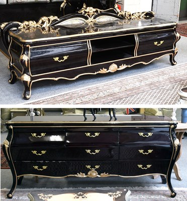 Lot 1394 - An Ebonized and Parcel Gilt Bombe Shaped Chest,...