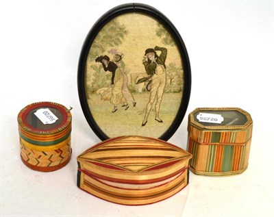 Lot 248 - Three straw work boxes and an oval embroidered picture (4)