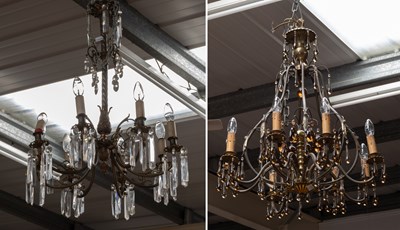 Lot 1475 - A Gilt Metal Six Light Lustre Drop Electrolier,...