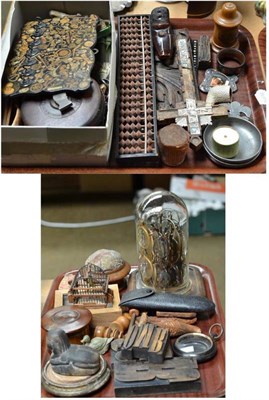 Lot 264 - Treen, boots, brassware, abacus, treacle glaze boot inkwell, meteorite, ivory draughts men,...