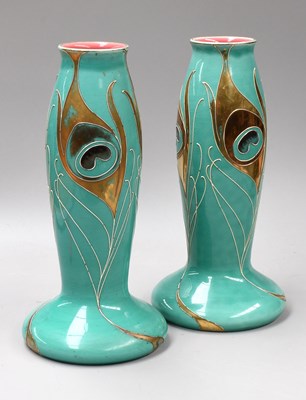 Lot 90 - A Pair Sarregumines Pottery Vases, turquoise...
