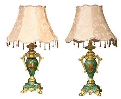 Lot 1397 - A Pair of Modern Gilt and Malachite Effect Urn-...