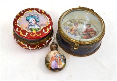 Lot 271 - Miniature scent bottle, porcelain box and cover with glass cover, and an enamel decorated...