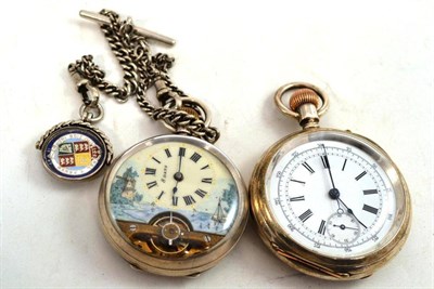 Lot 276 - A silver single push chronograph pocket watch and an eight day pocket watch with silver chain