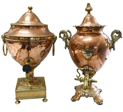 Lot 244 - A Brass and Copper Tea Urn, with ram mask-cast...