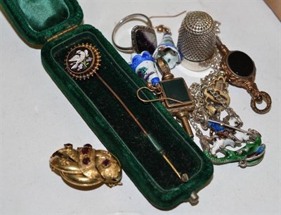 Lot 298 - Sterling silver enamel mounted brooch, fobs, ring, silver thimble, micro mosaic stick pin etc